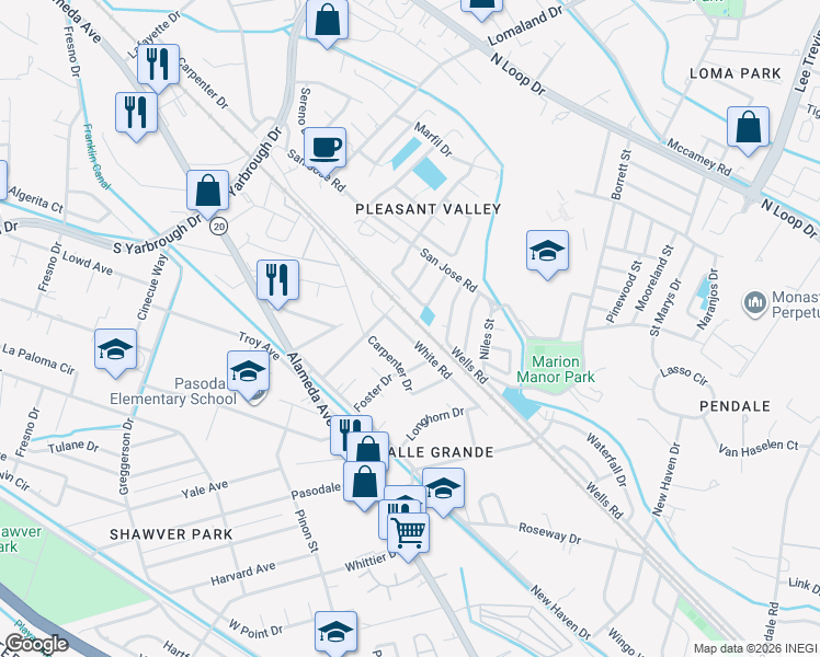 map of restaurants, bars, coffee shops, grocery stores, and more near 8351 White Road in El Paso