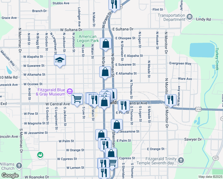 map of restaurants, bars, coffee shops, grocery stores, and more near North Sherman Street in Fitzgerald