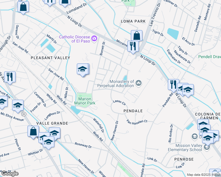map of restaurants, bars, coffee shops, grocery stores, and more near 327 Saint Marys Drive in El Paso