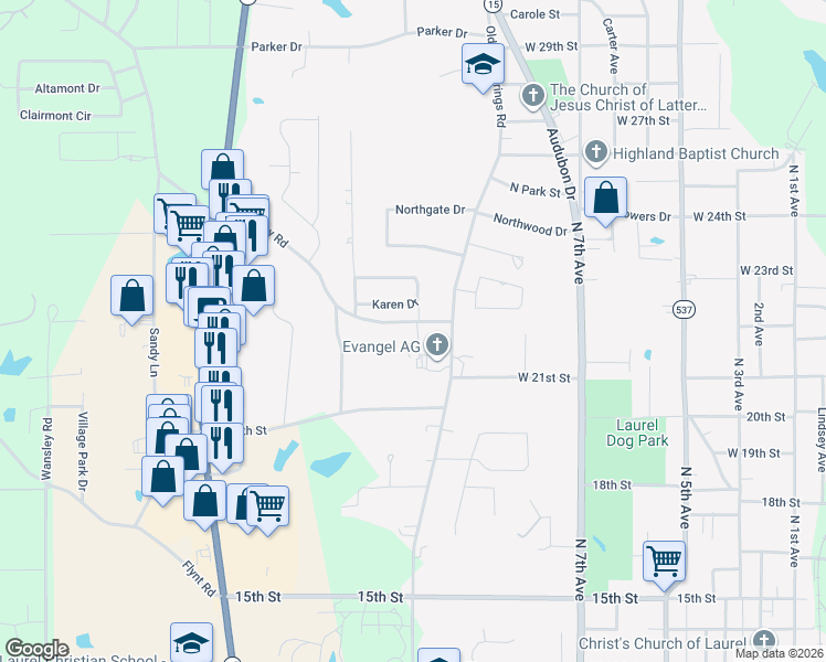 map of restaurants, bars, coffee shops, grocery stores, and more near 1201-1299 Joy Drive in Laurel