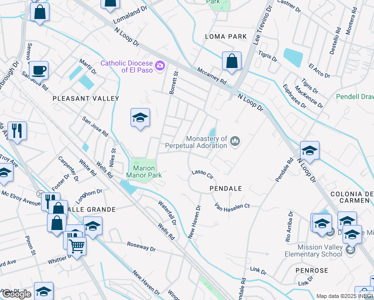 map of restaurants, bars, coffee shops, grocery stores, and more near 327 Saint Marys Drive in El Paso