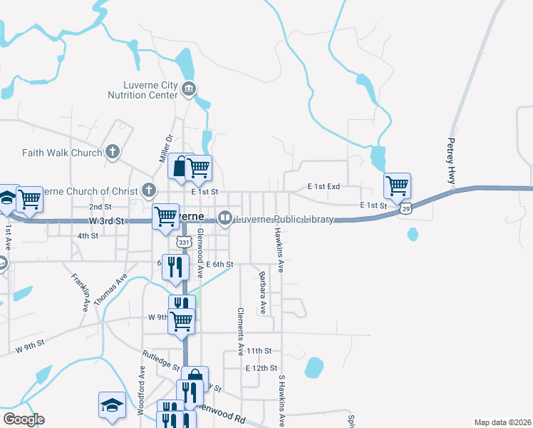 map of restaurants, bars, coffee shops, grocery stores, and more near 305 East 3rd Street in Luverne
