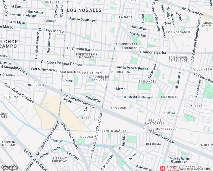 map of restaurants, bars, coffee shops, grocery stores, and more near 2102 Av Plutarco Elias Calles in Ciudad Juarez