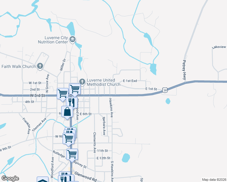 map of restaurants, bars, coffee shops, grocery stores, and more near 13 Sellers Street in Luverne