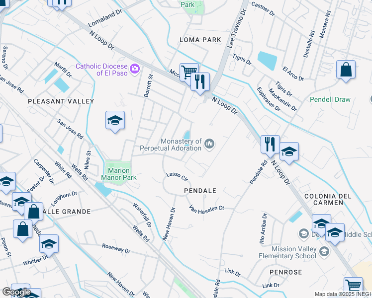 map of restaurants, bars, coffee shops, grocery stores, and more near 441 Moreras Court in El Paso