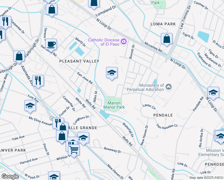 map of restaurants, bars, coffee shops, grocery stores, and more near 8300 Forest Haven Court in El Paso