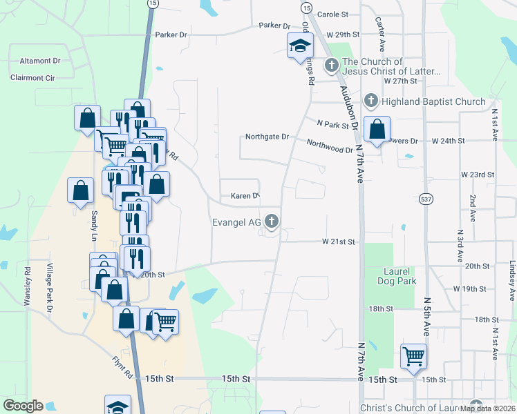 map of restaurants, bars, coffee shops, grocery stores, and more near 1201 Joy Drive in Laurel