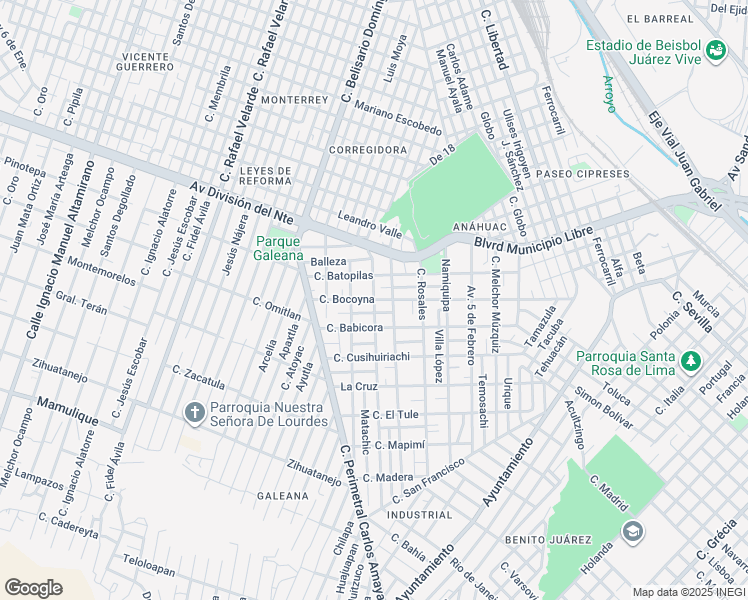 map of restaurants, bars, coffee shops, grocery stores, and more near Calle Heroes del Carrizal in Ciudad Juarez