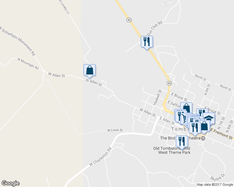 map of restaurants, bars, coffee shops, grocery stores, and more near 580 West Allen Street in Tombstone