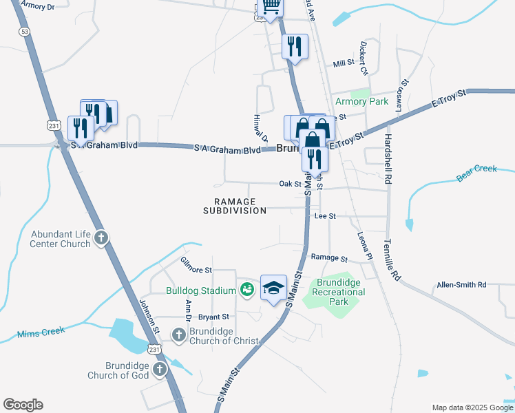 map of restaurants, bars, coffee shops, grocery stores, and more near 188 Ramage Circle in Brundidge