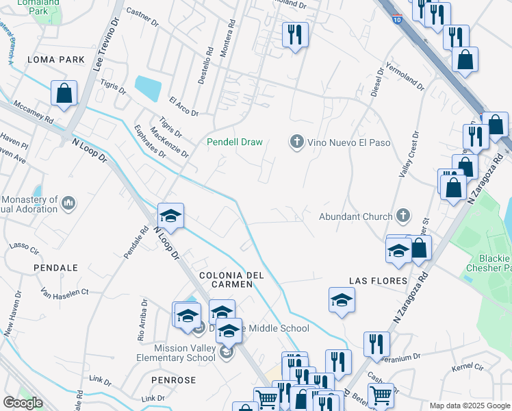 map of restaurants, bars, coffee shops, grocery stores, and more near 8614 Holmsley Trail in El Paso