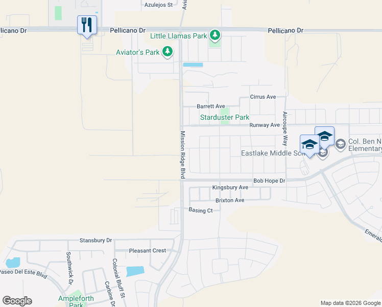 map of restaurants, bars, coffee shops, grocery stores, and more near 951 Brudenal Place in El Paso