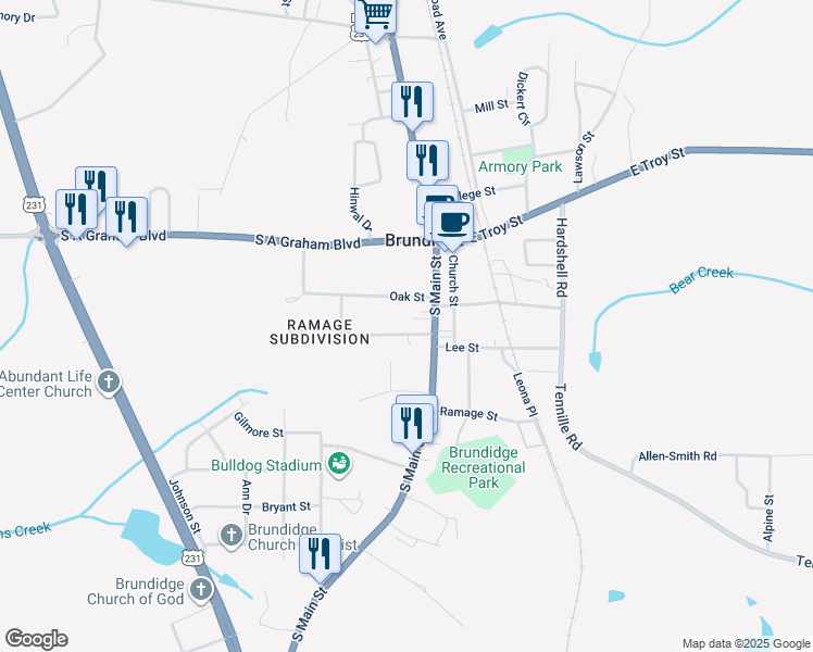 map of restaurants, bars, coffee shops, grocery stores, and more near 100-188 Ramage Circle in Brundidge