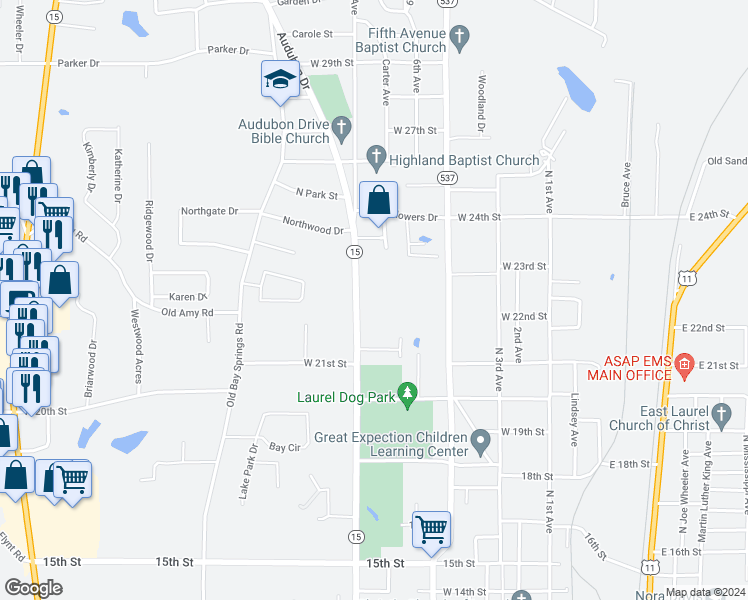 map of restaurants, bars, coffee shops, grocery stores, and more near 2219 North 7th Avenue in Laurel