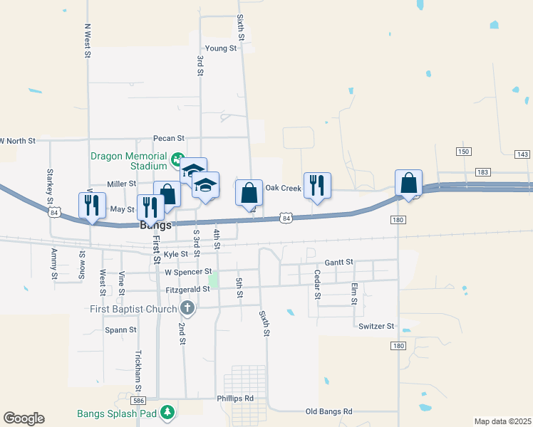 map of restaurants, bars, coffee shops, grocery stores, and more near 700 East Hall Street in Bangs