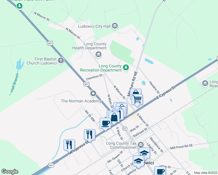 map of restaurants, bars, coffee shops, grocery stores, and more near 299 North Macon Street in Ludowici