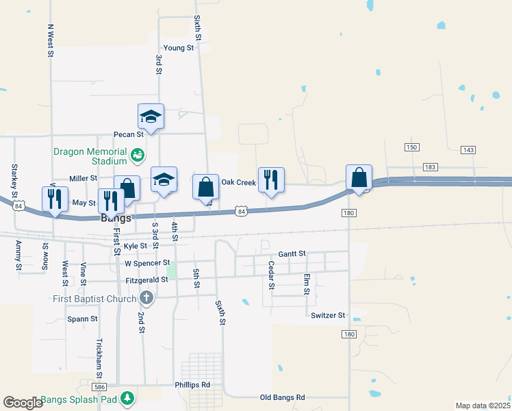 map of restaurants, bars, coffee shops, grocery stores, and more near 804 East Hall Street in Bangs