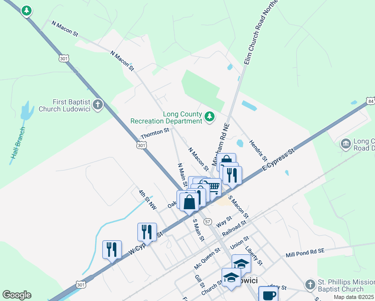 map of restaurants, bars, coffee shops, grocery stores, and more near 299 North Macon Street in Ludowici