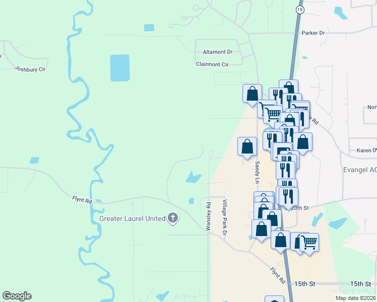 map of restaurants, bars, coffee shops, grocery stores, and more near 127 Flynt Road in Laurel