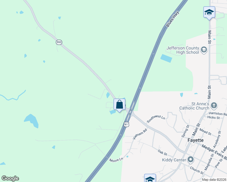map of restaurants, bars, coffee shops, grocery stores, and more near Highway 553 in Fayette
