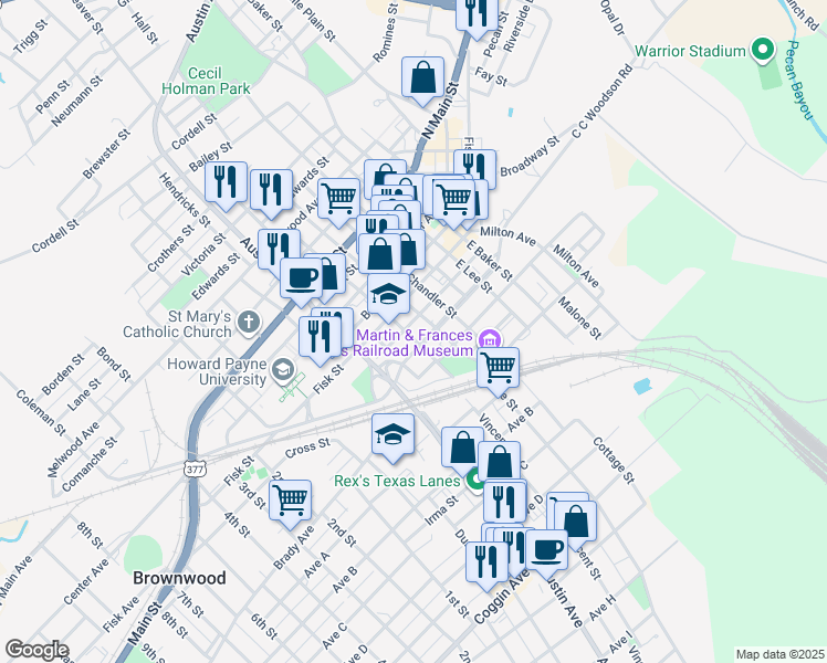 map of restaurants, bars, coffee shops, grocery stores, and more near 402 East Depot Street in Brownwood