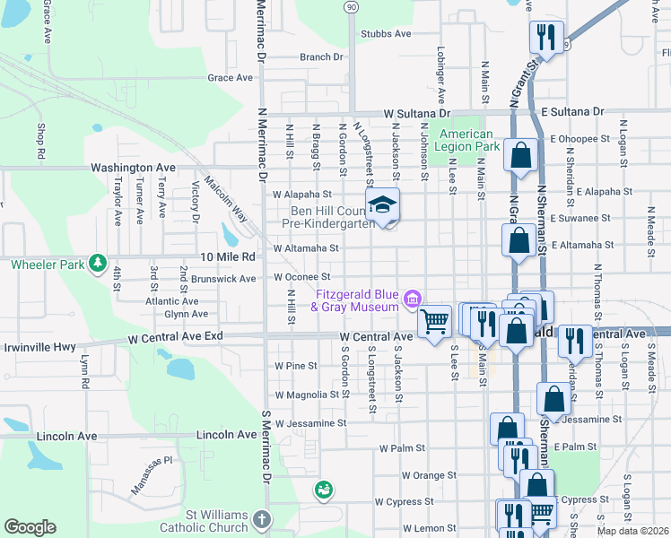 map of restaurants, bars, coffee shops, grocery stores, and more near 611 West Oconee Street in Fitzgerald