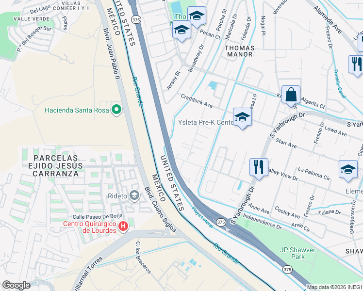 map of restaurants, bars, coffee shops, grocery stores, and more near 521 James Street in El Paso