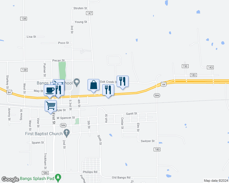 map of restaurants, bars, coffee shops, grocery stores, and more near 804 East Hall Street in Bangs