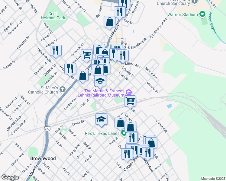 map of restaurants, bars, coffee shops, grocery stores, and more near East Adams Street in Brownwood