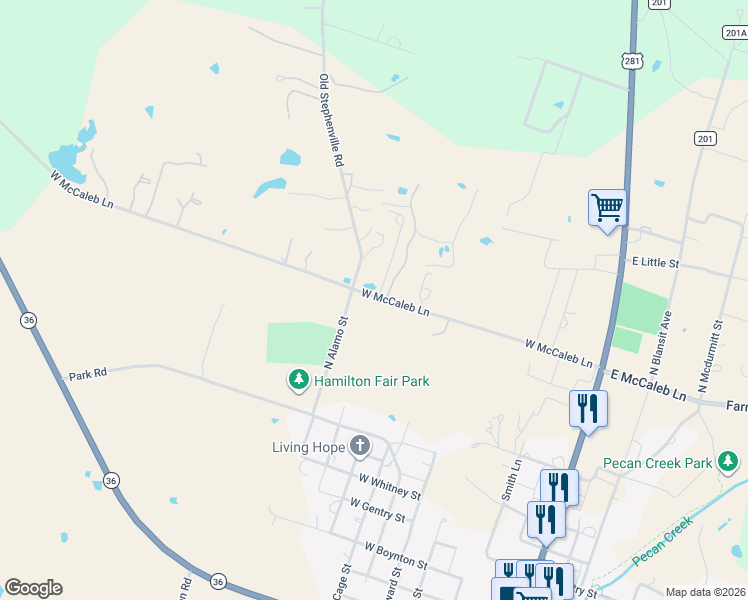 map of restaurants, bars, coffee shops, grocery stores, and more near 601 North Alamo Street in Hamilton