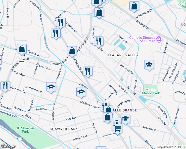 map of restaurants, bars, coffee shops, grocery stores, and more near 8242 Lucky Drive in El Paso