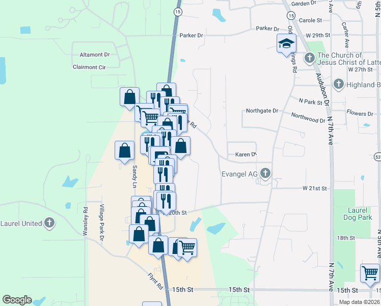 map of restaurants, bars, coffee shops, grocery stores, and more near 2098 Briarwood Dr in Laurel