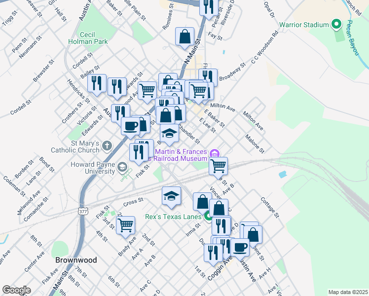 map of restaurants, bars, coffee shops, grocery stores, and more near 402 East Depot Street in Brownwood