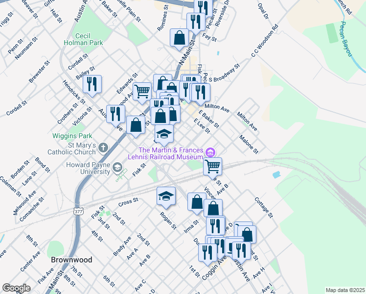 map of restaurants, bars, coffee shops, grocery stores, and more near East Adams Street in Brownwood