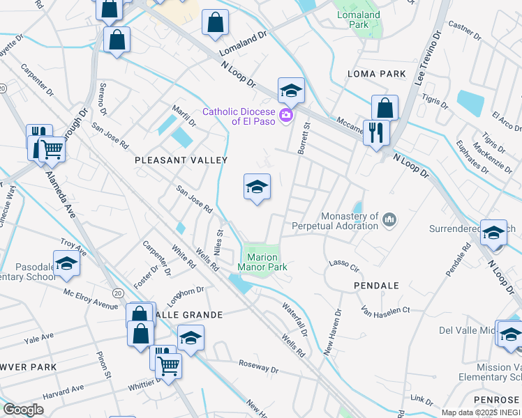 map of restaurants, bars, coffee shops, grocery stores, and more near 8300 Forest Haven Court in El Paso