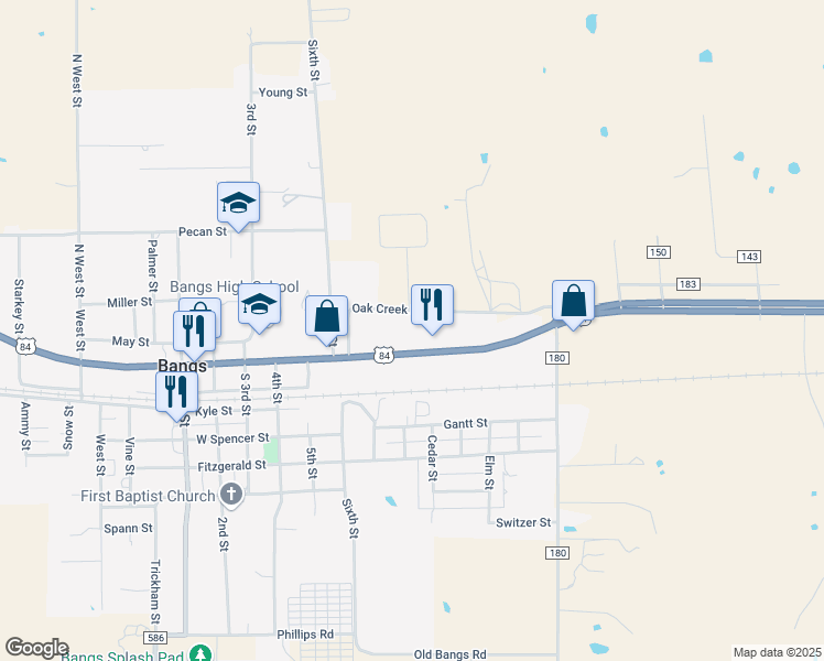 map of restaurants, bars, coffee shops, grocery stores, and more near 808 East Hall Street in Bangs