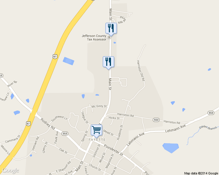 map of restaurants, bars, coffee shops, grocery stores, and more near Main St in Fayette