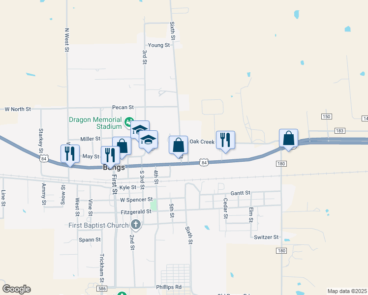 map of restaurants, bars, coffee shops, grocery stores, and more near 700 East Hall Street in Bangs