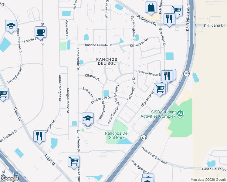 map of restaurants, bars, coffee shops, grocery stores, and more near 12267 Eagle Heart Drive in El Paso