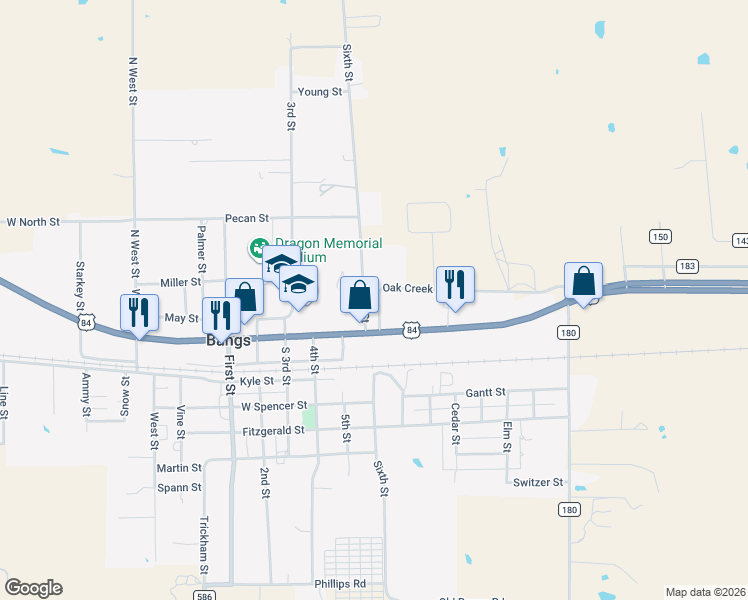 map of restaurants, bars, coffee shops, grocery stores, and more near 702 Oak Creek Drive in Bangs