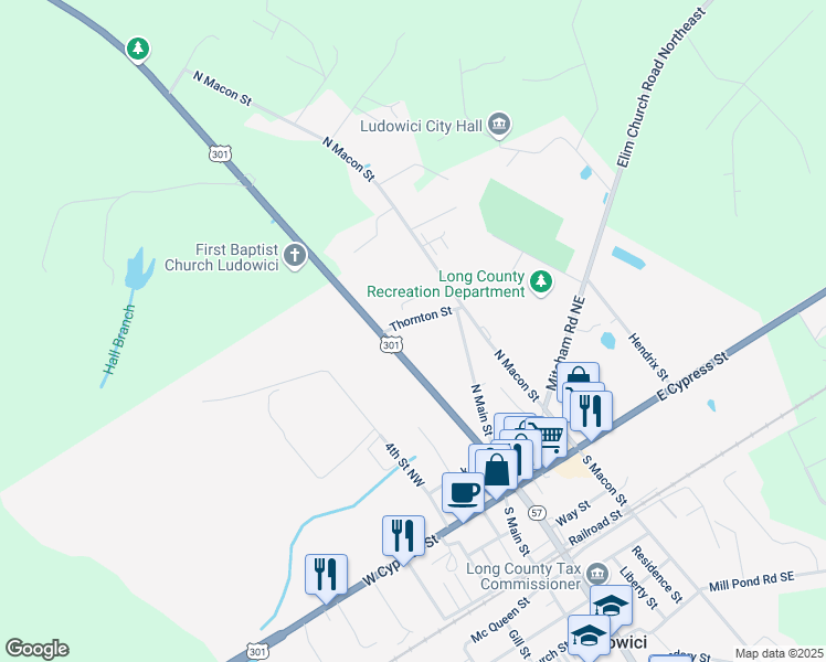 map of restaurants, bars, coffee shops, grocery stores, and more near 15 Thornton Street in Ludowici