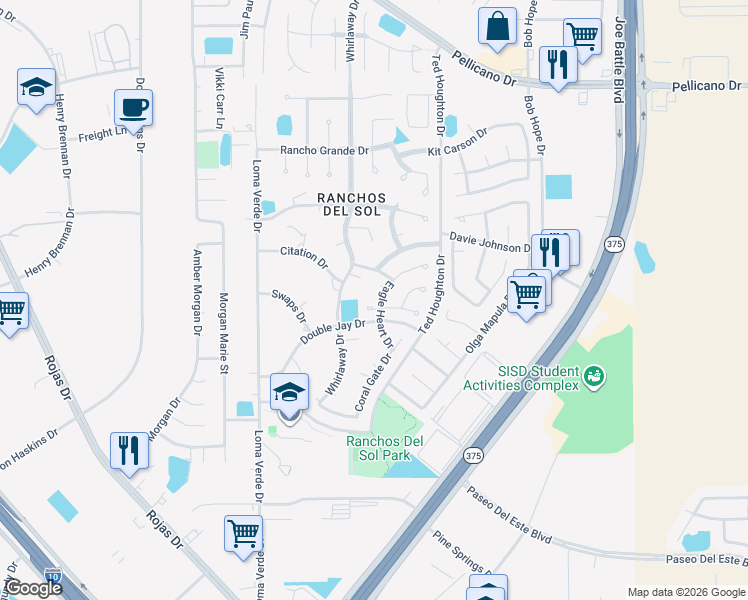 map of restaurants, bars, coffee shops, grocery stores, and more near 12267 Eagle Heart Drive in El Paso