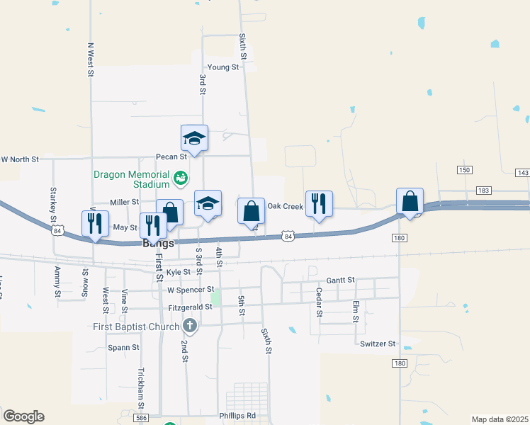map of restaurants, bars, coffee shops, grocery stores, and more near 84 Highway 67 in Bangs