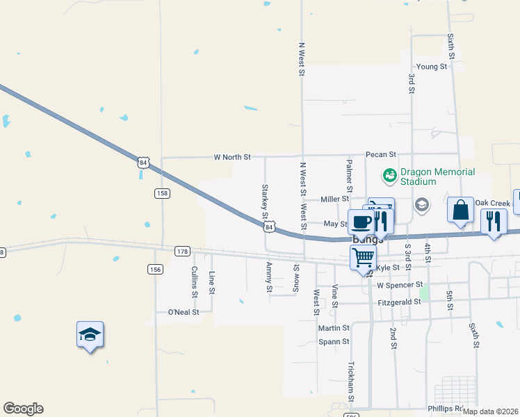 map of restaurants, bars, coffee shops, grocery stores, and more near 500 Starkey Street in Bangs