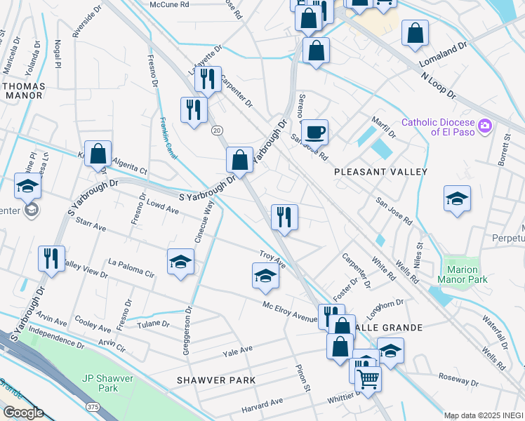 map of restaurants, bars, coffee shops, grocery stores, and more near 7696 Alameda Avenue in El Paso