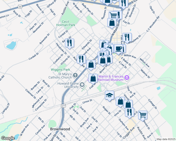 map of restaurants, bars, coffee shops, grocery stores, and more near 226 West Austin Avenue in Brownwood
