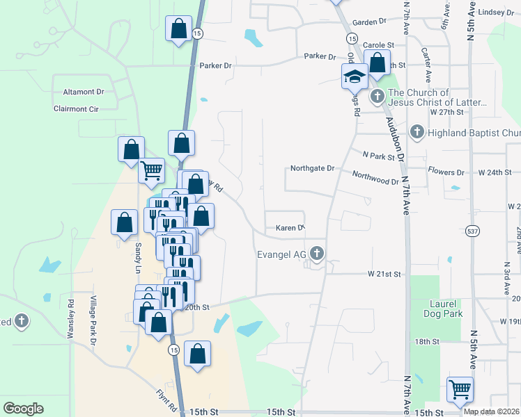 map of restaurants, bars, coffee shops, grocery stores, and more near 2324 Ridgewood Drive in Laurel
