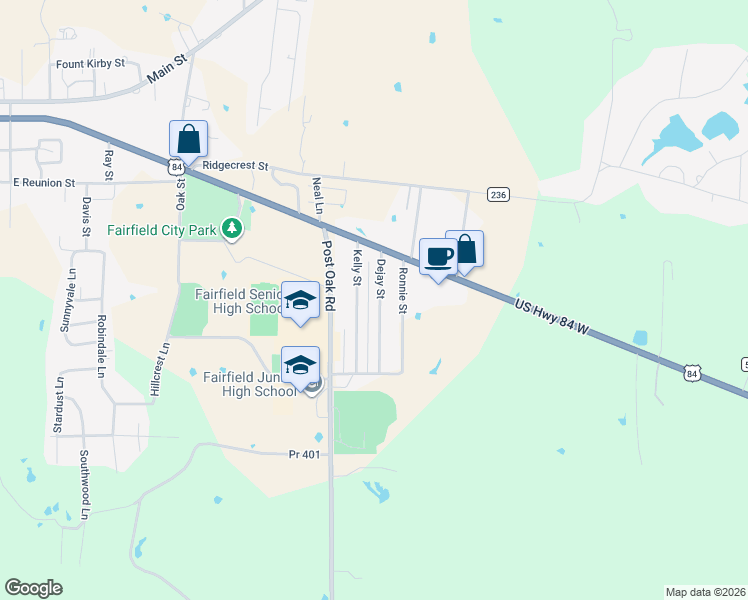 map of restaurants, bars, coffee shops, grocery stores, and more near 523 Dejay Street in Fairfield