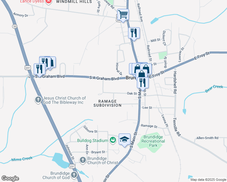 map of restaurants, bars, coffee shops, grocery stores, and more near 200 Oak Street in Brundidge