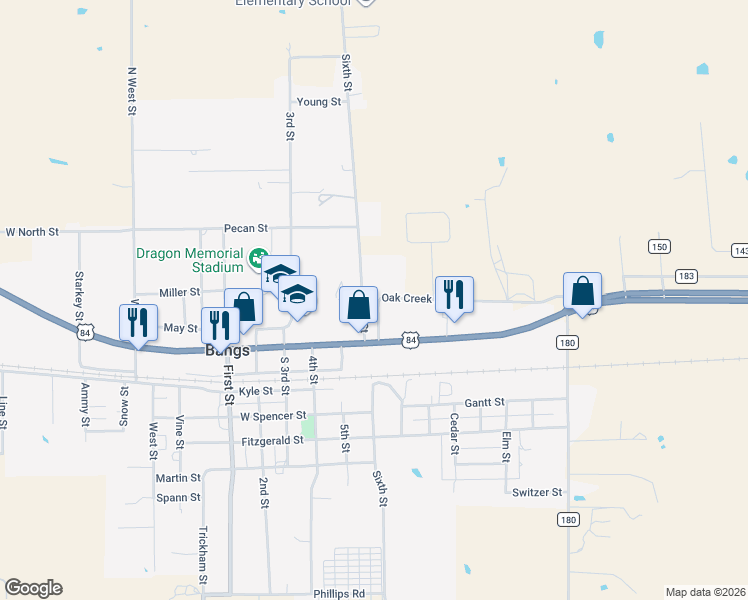 map of restaurants, bars, coffee shops, grocery stores, and more near 702 Oak Creek Drive in Bangs